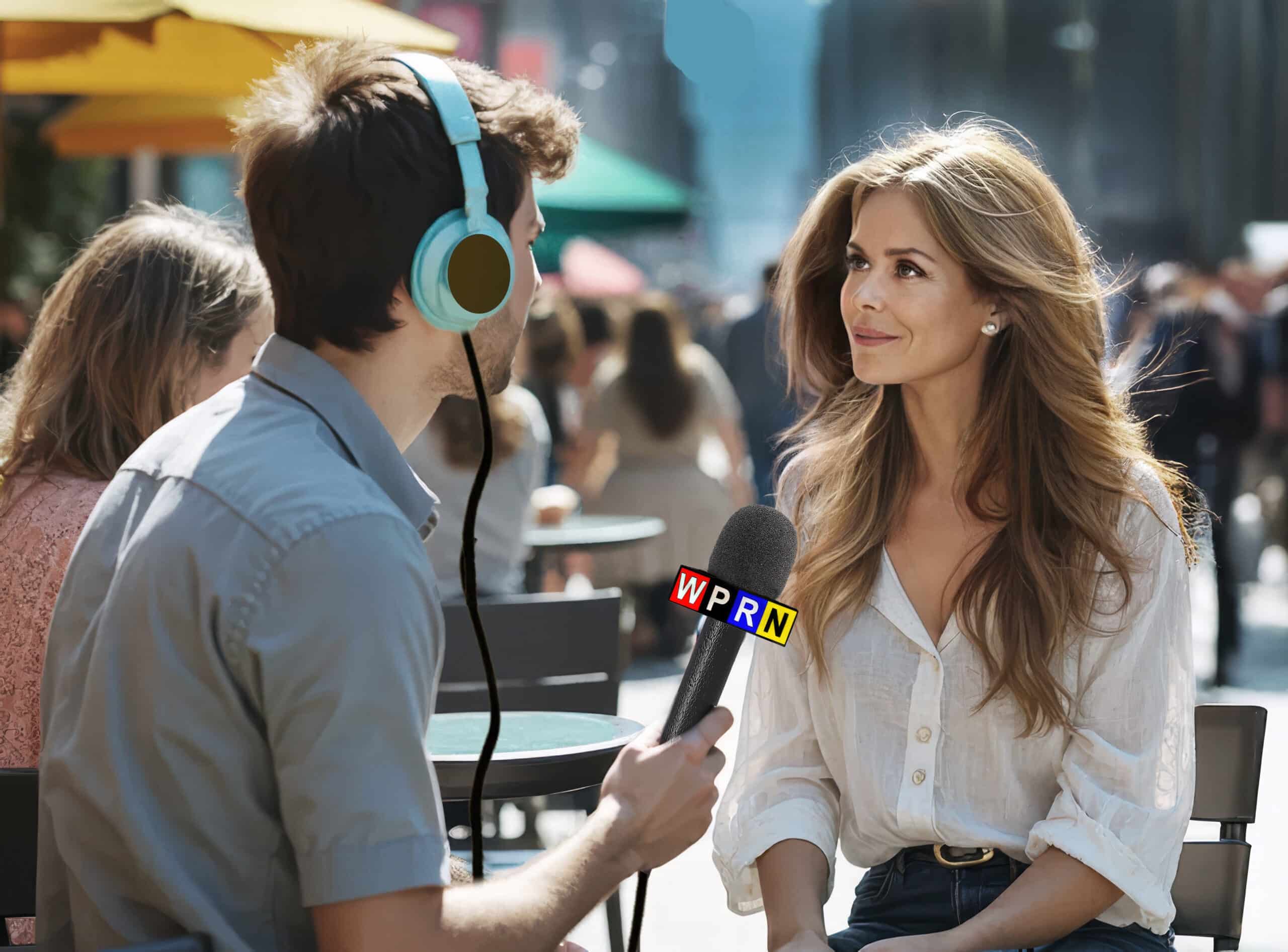 A man and woman are talking to someone on the street.