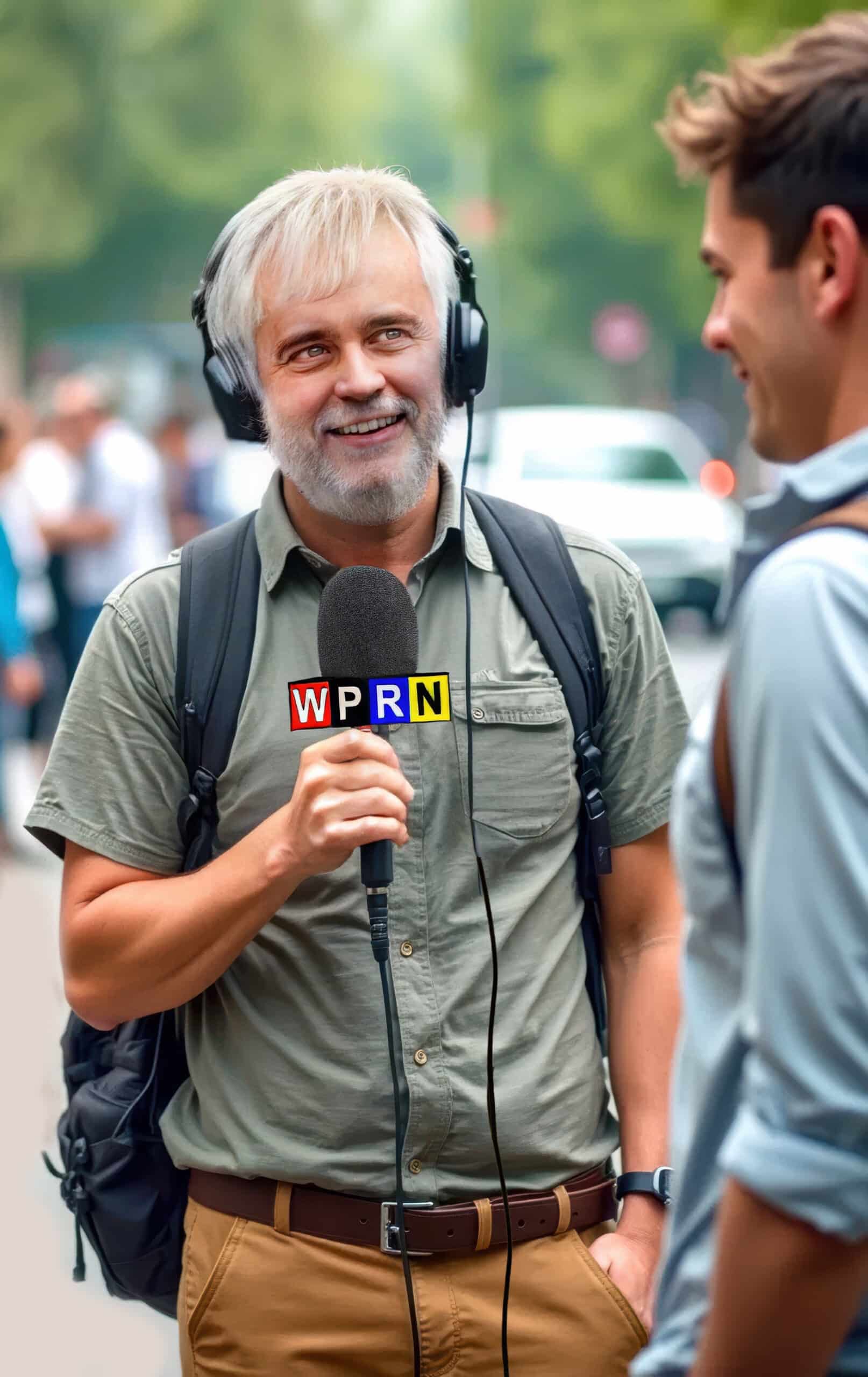 A man with headphones is talking to someone