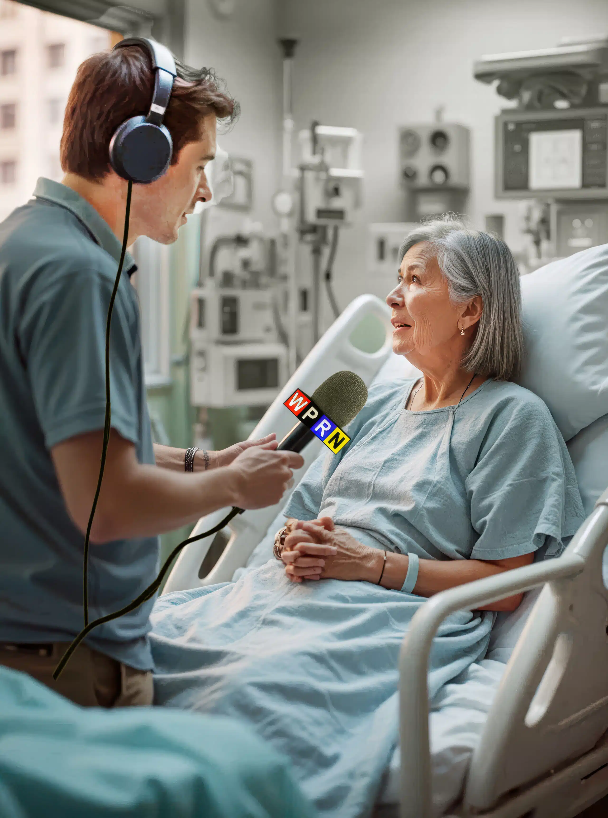 A man is talking to an older woman in the hospital.