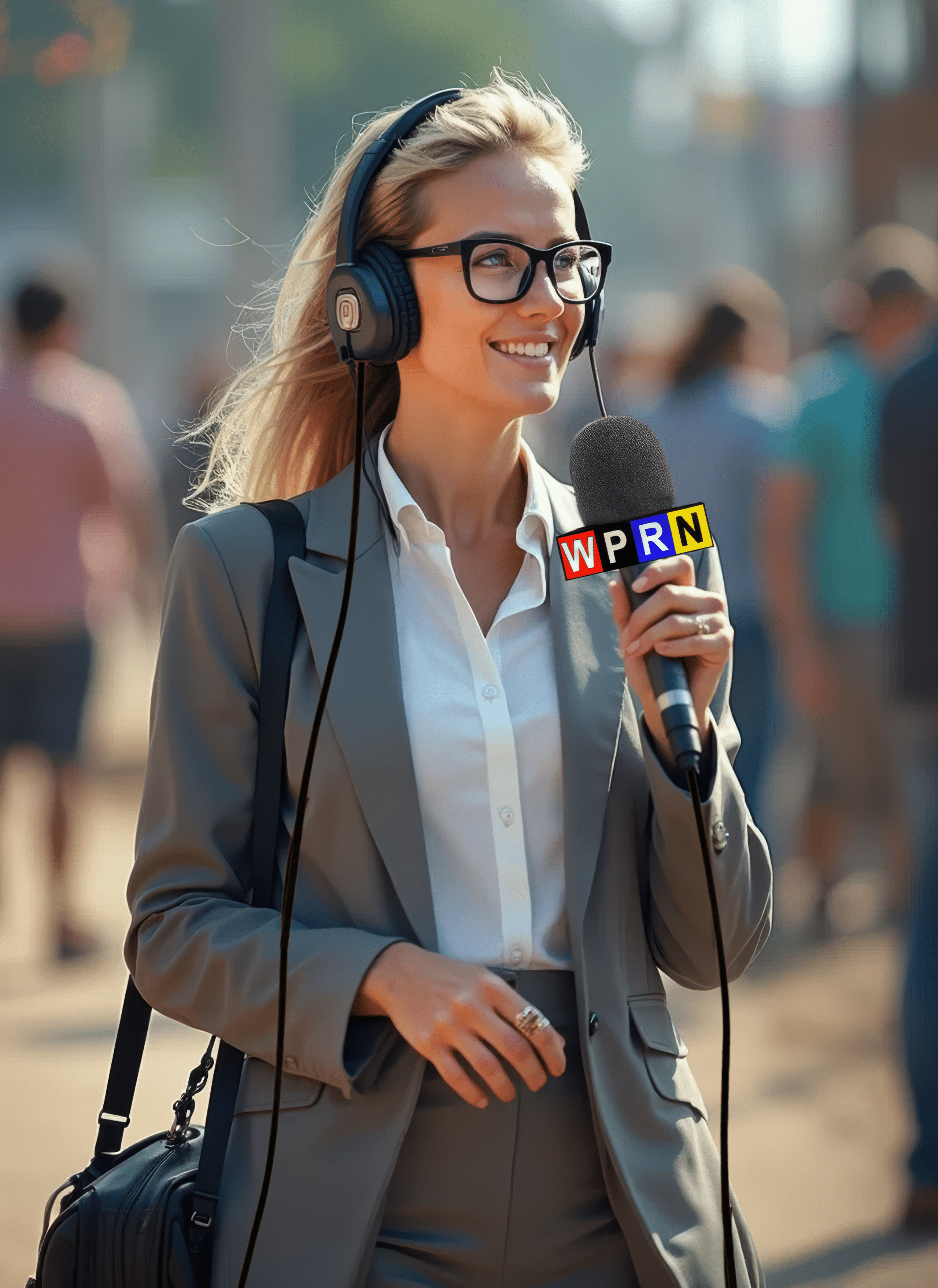 A woman with headphones and microphone on the street.