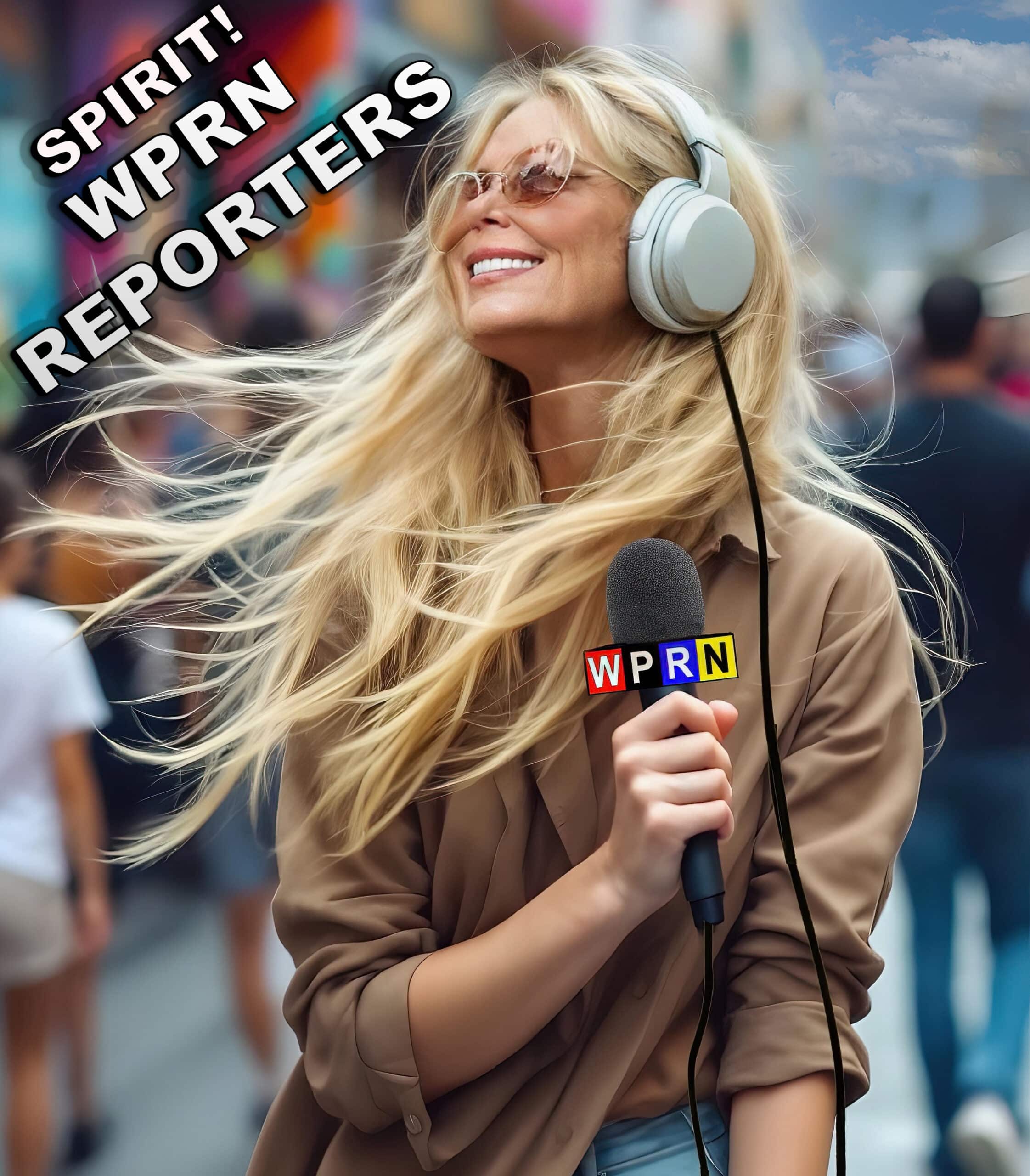 A woman with headphones and microphone in the air.