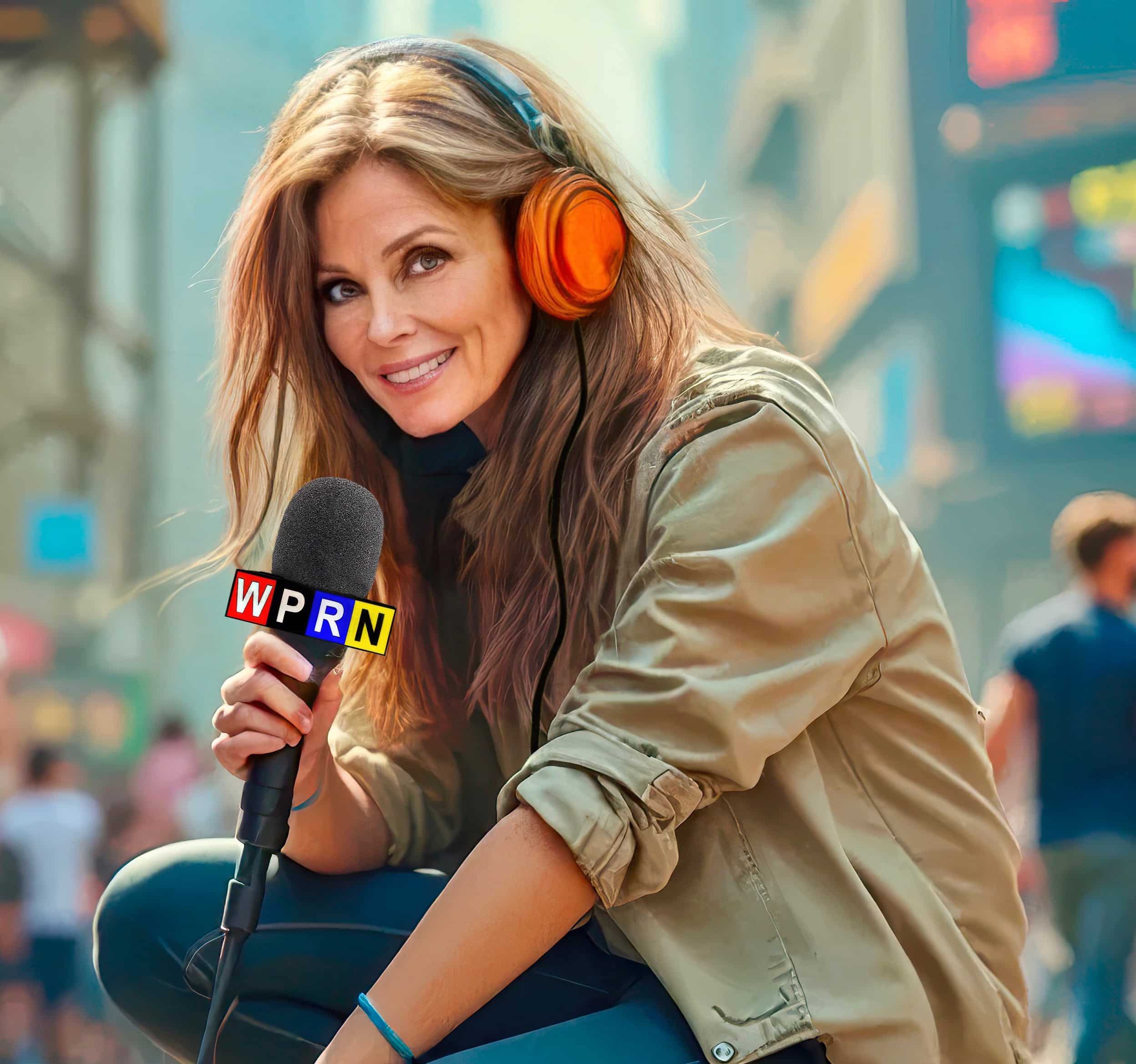 A woman with headphones and microphone sitting on the ground.